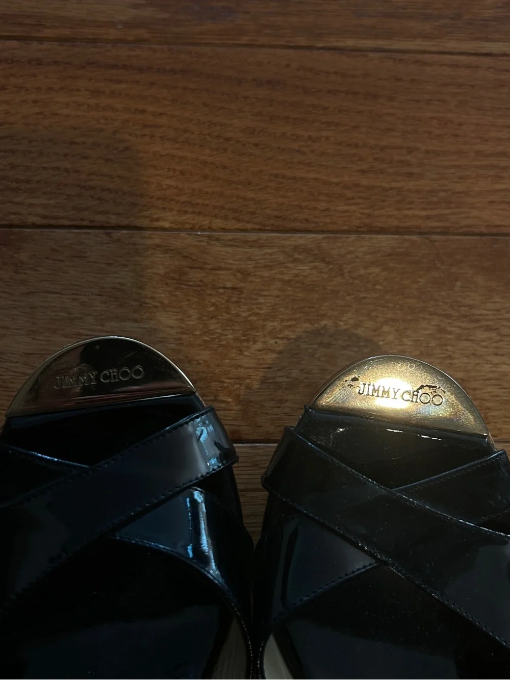 Jimmy Choo Black Patent Leather Cork Wedge Slides